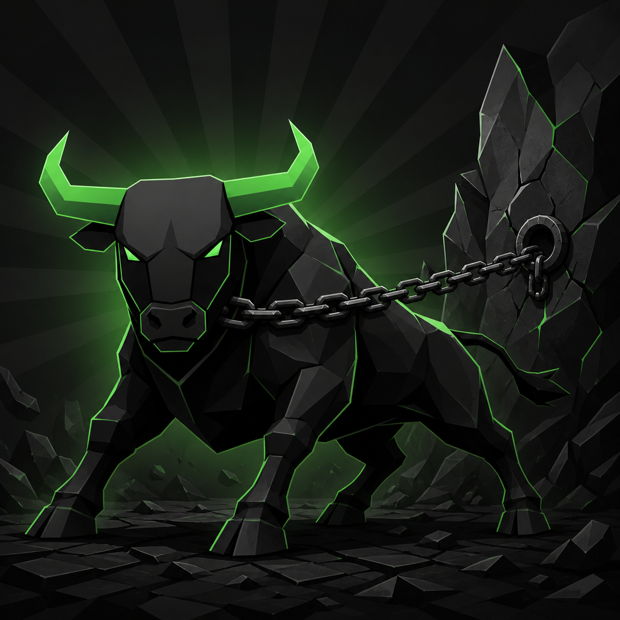 Low-poly black bull with glowing neon green horns, chained to a rock